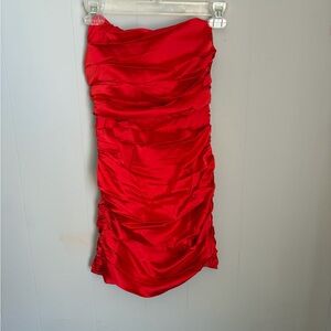 Strapless Red Ruched Satin Dress